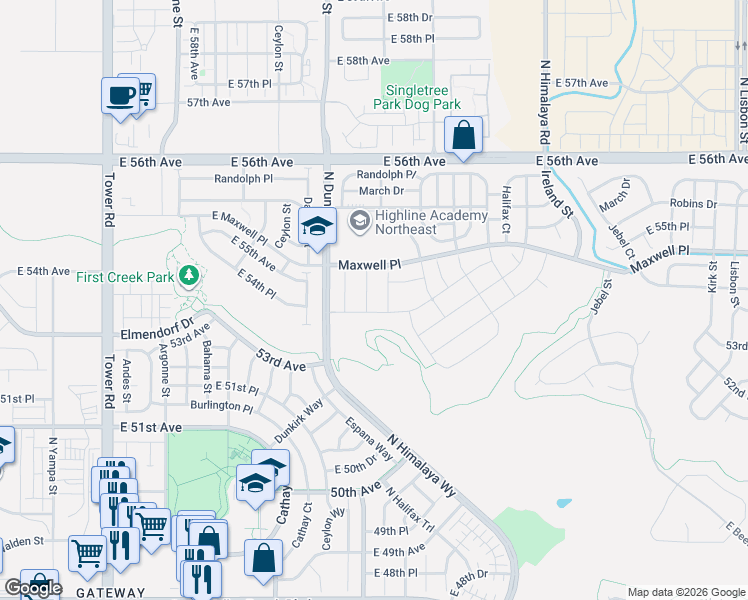map of restaurants, bars, coffee shops, grocery stores, and more near 5454 Espana Street in Denver