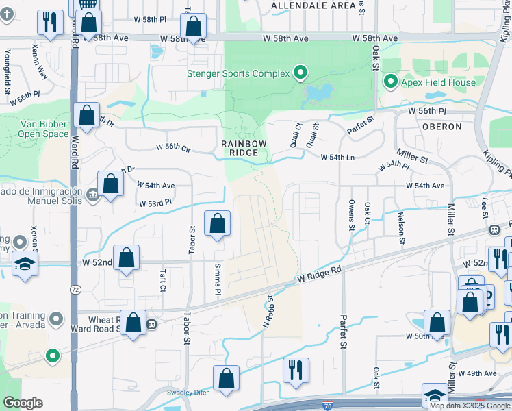 map of restaurants, bars, coffee shops, grocery stores, and more near 11291 West 54th Avenue in Arvada