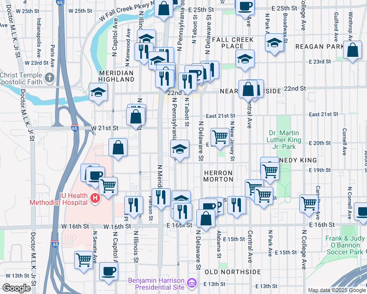 map of restaurants, bars, coffee shops, grocery stores, and more near 1925 North Pennsylvania Street in Indianapolis
