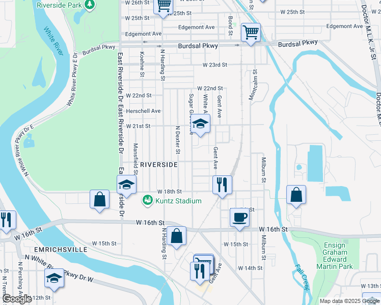 map of restaurants, bars, coffee shops, grocery stores, and more near 1910 Sugar Grove Avenue in Indianapolis
