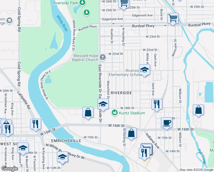 map of restaurants, bars, coffee shops, grocery stores, and more near 1914 Mansfield Street in Indianapolis