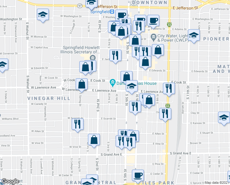 map of restaurants, bars, coffee shops, grocery stores, and more near 812 South 4th Street in Springfield