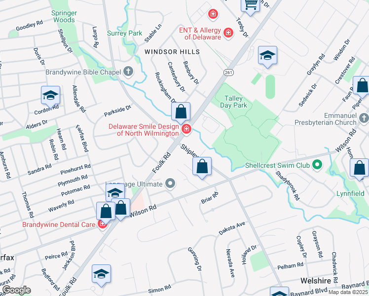 map of restaurants, bars, coffee shops, grocery stores, and more near Shipley Road in Wilmington