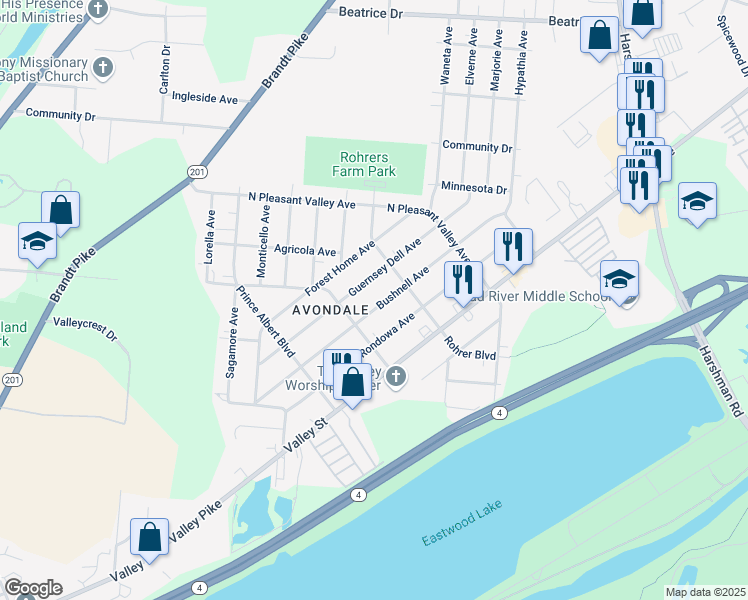 map of restaurants, bars, coffee shops, grocery stores, and more near 2423 Bushnell Avenue in Dayton