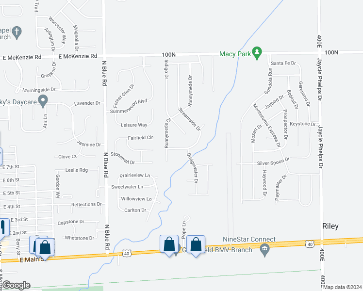 map of restaurants, bars, coffee shops, grocery stores, and more near 572 Streamside Drive in Greenfield