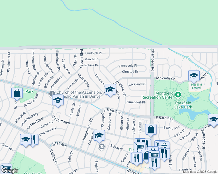 map of restaurants, bars, coffee shops, grocery stores, and more near 5495 Eagle Street in Denver