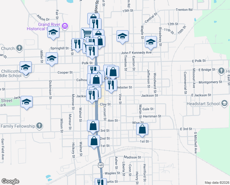 map of restaurants, bars, coffee shops, grocery stores, and more near 525 Jackson Street in Chillicothe
