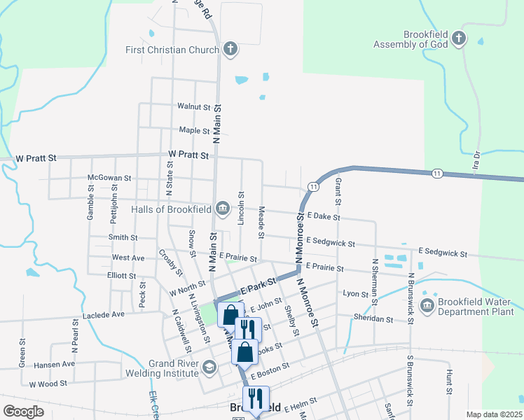 map of restaurants, bars, coffee shops, grocery stores, and more near 334 East Dake Street in Brookfield