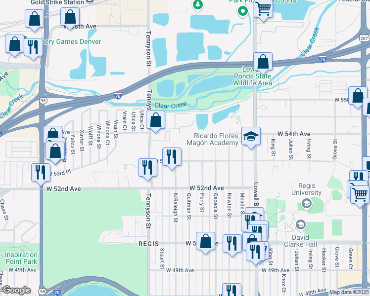 map of restaurants, bars, coffee shops, grocery stores, and more near 5353 Quitman Street in Denver