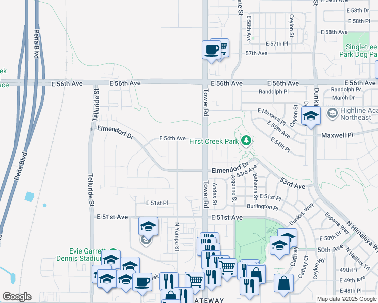 map of restaurants, bars, coffee shops, grocery stores, and more near 18333 Elmendorf Drive in Denver