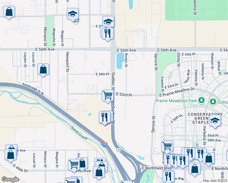map of restaurants, bars, coffee shops, grocery stores, and more near 5340 Quebec Street in Denver