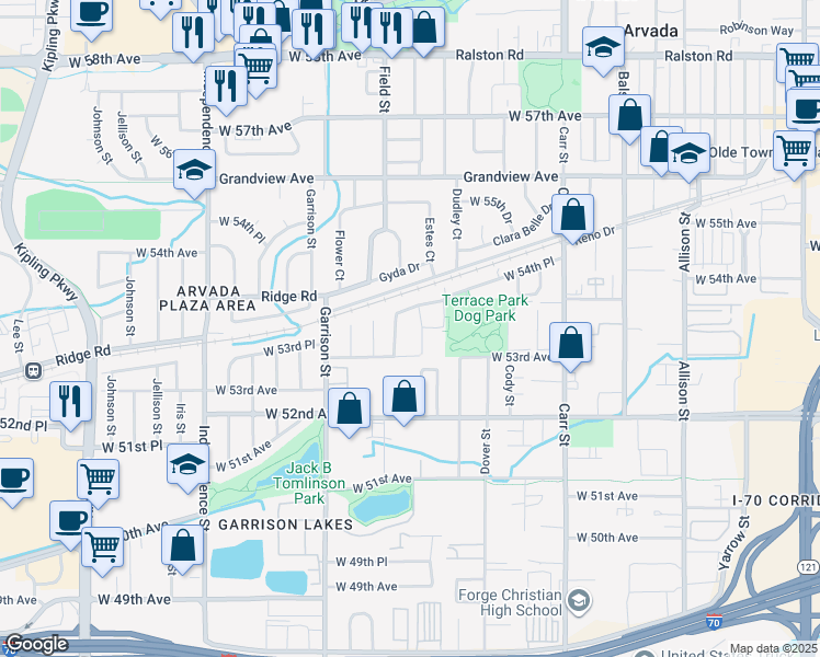 map of restaurants, bars, coffee shops, grocery stores, and more near 5361 Everett Street in Arvada