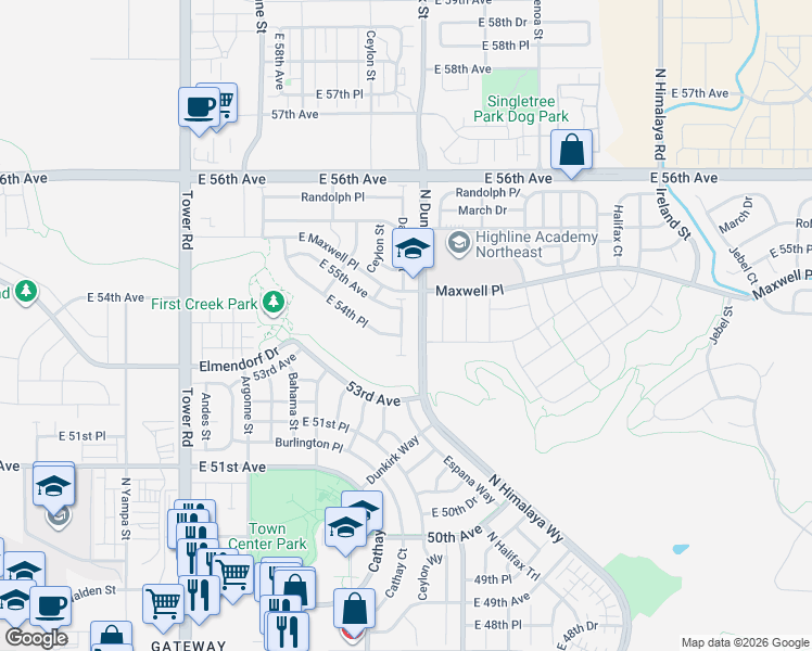 map of restaurants, bars, coffee shops, grocery stores, and more near 5450 Danube Street in Denver