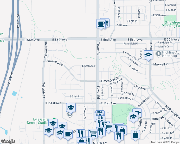 map of restaurants, bars, coffee shops, grocery stores, and more near 18333 Elmendorf Drive in Denver