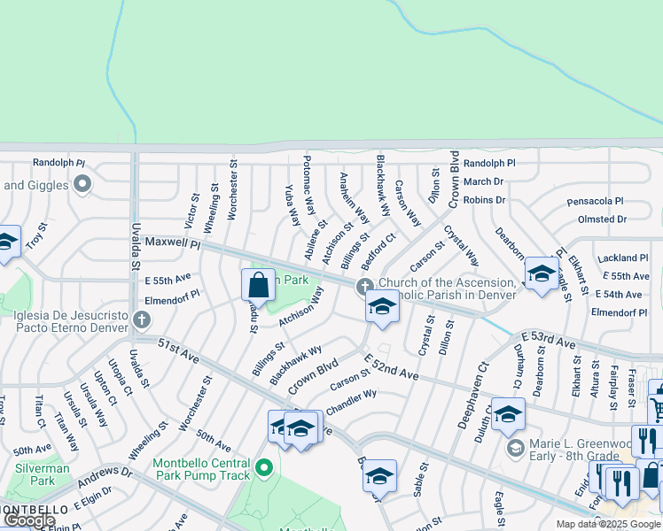 map of restaurants, bars, coffee shops, grocery stores, and more near 5532 Atchison Street in Denver