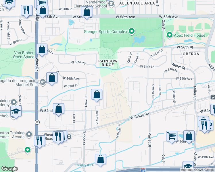 map of restaurants, bars, coffee shops, grocery stores, and more near 11766 West 53rd Place in Arvada