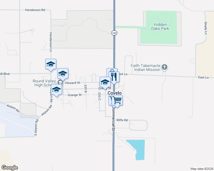 map of restaurants, bars, coffee shops, grocery stores, and more near 23951 Greely Street in Covelo