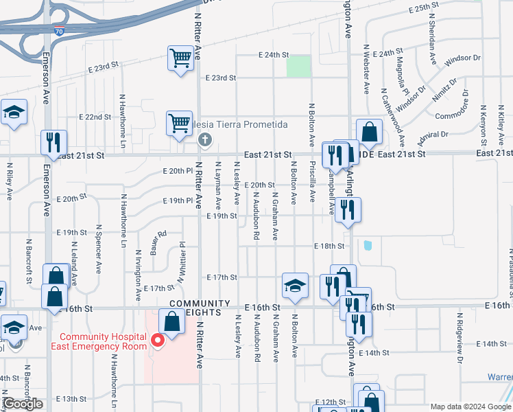 map of restaurants, bars, coffee shops, grocery stores, and more near 5730 East 19th Street in Indianapolis
