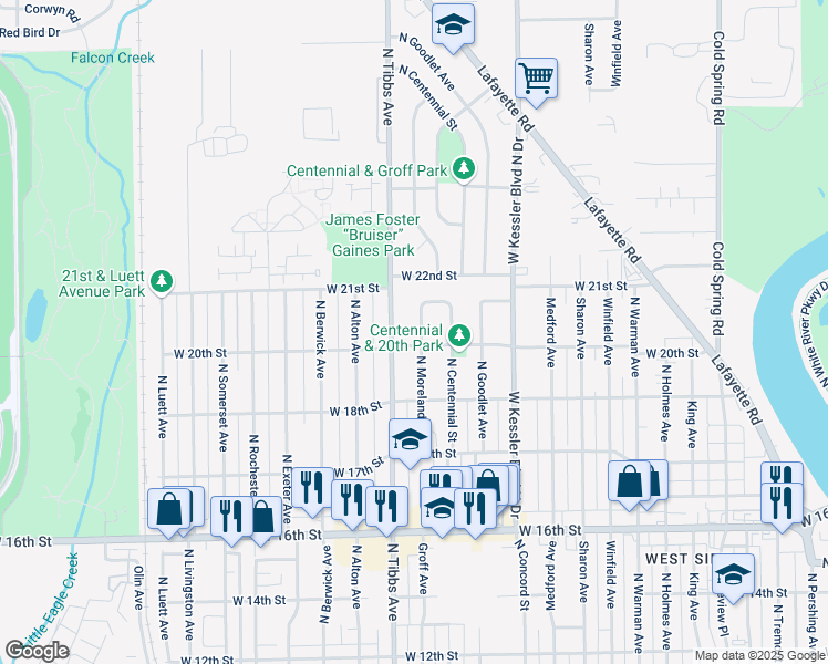 map of restaurants, bars, coffee shops, grocery stores, and more near 2001 North Tibbs Avenue in Indianapolis