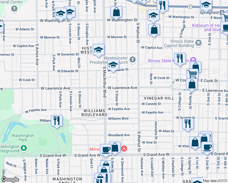 map of restaurants, bars, coffee shops, grocery stores, and more near 821 South State Street in Springfield