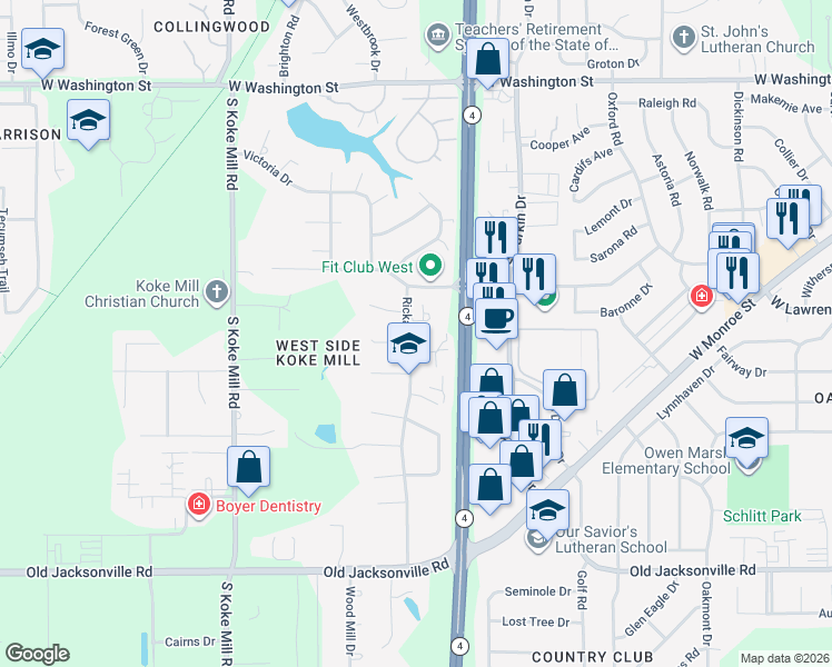 map of restaurants, bars, coffee shops, grocery stores, and more near 2800-2898 White Plains Ct in Springfield