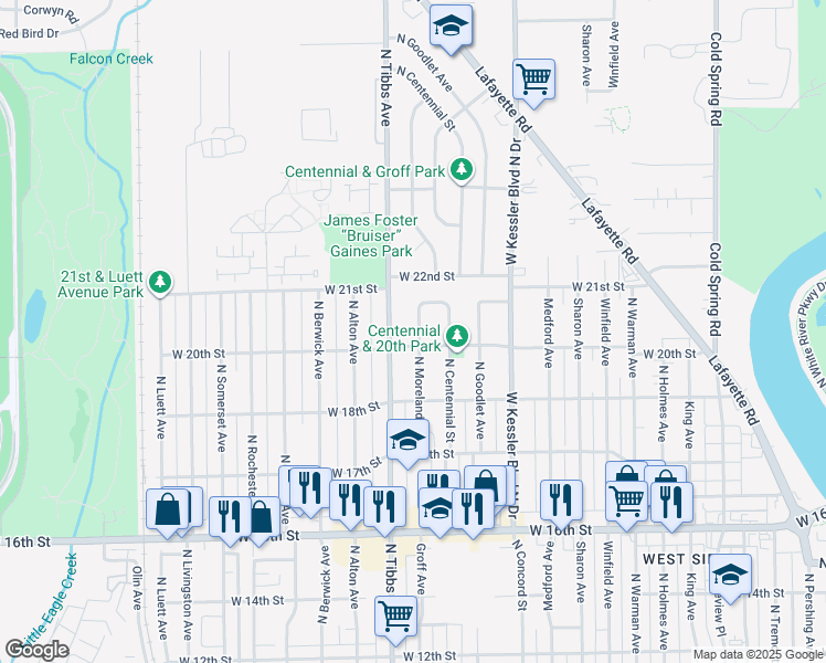 map of restaurants, bars, coffee shops, grocery stores, and more near 2001 North Tibbs Avenue in Indianapolis