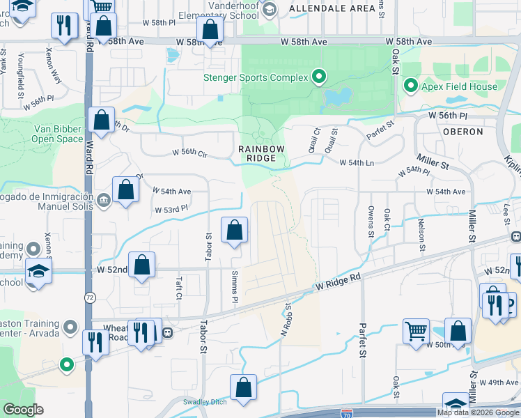map of restaurants, bars, coffee shops, grocery stores, and more near 11766 West 53rd Place in Arvada