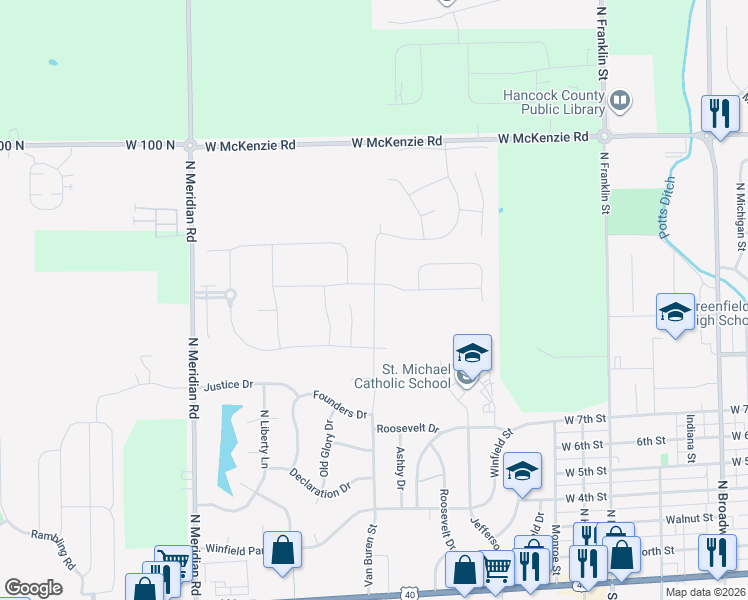 map of restaurants, bars, coffee shops, grocery stores, and more near 861 Van Buren Street in Greenfield