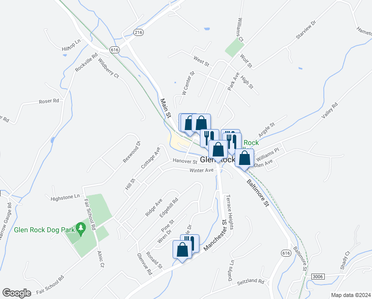 map of restaurants, bars, coffee shops, grocery stores, and more near 28 Water Street in Glen Rock