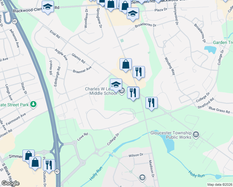 map of restaurants, bars, coffee shops, grocery stores, and more near 875 Erial Road in Camden County