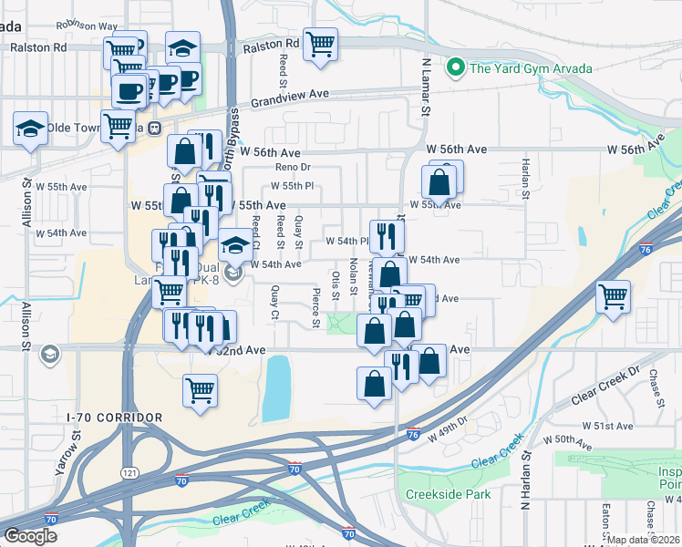 map of restaurants, bars, coffee shops, grocery stores, and more near 5356 Pierce Street in Arvada