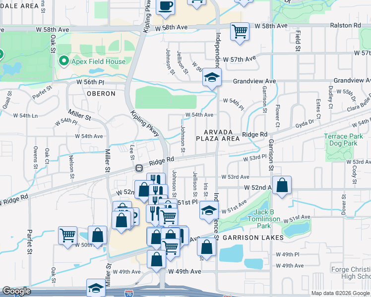 map of restaurants, bars, coffee shops, grocery stores, and more near 5320 Johnson Street in Arvada