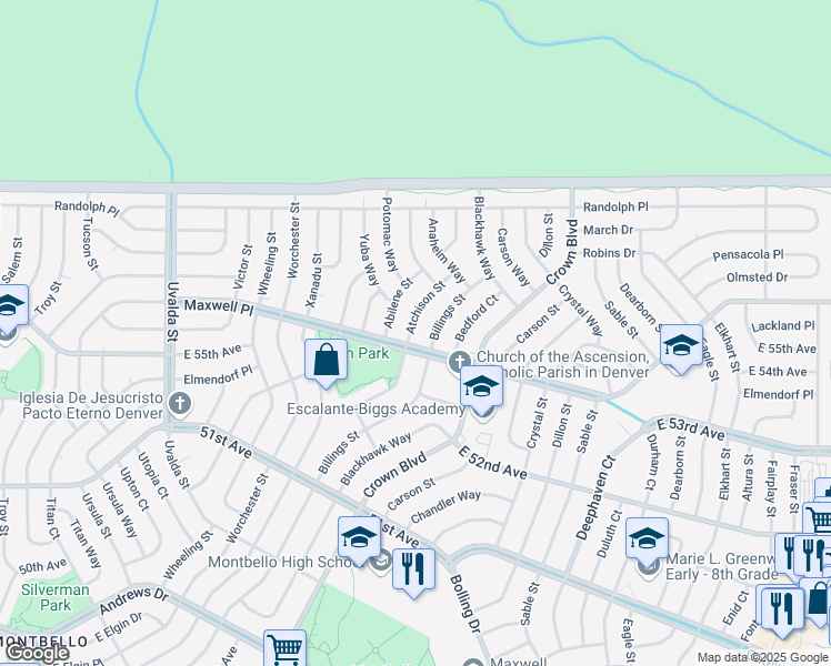 map of restaurants, bars, coffee shops, grocery stores, and more near 5534 Atchison Street in Denver