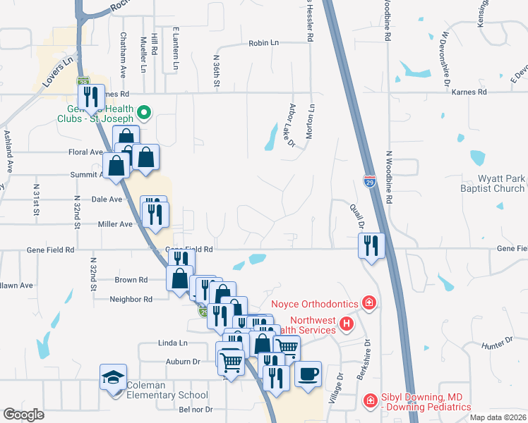 map of restaurants, bars, coffee shops, grocery stores, and more near 3601 Gene Field Road in Saint Joseph