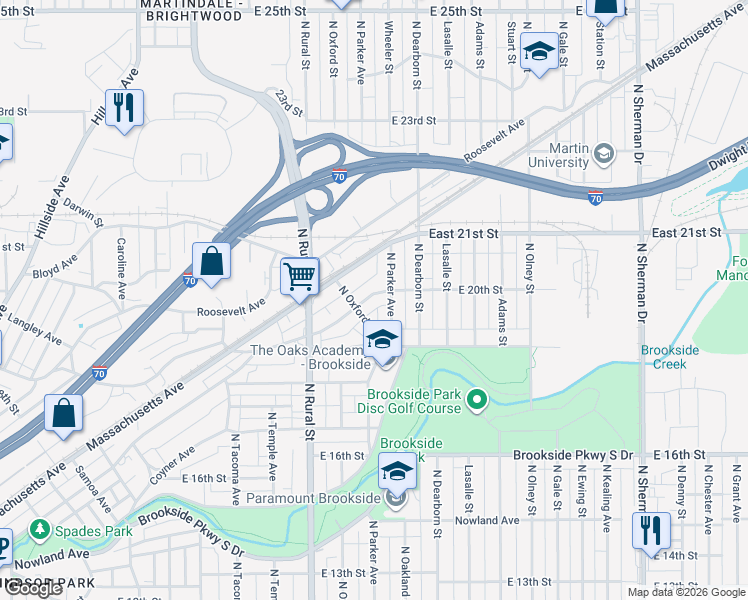 map of restaurants, bars, coffee shops, grocery stores, and more near 1936 North Parker Avenue in Indianapolis