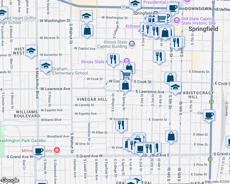 map of restaurants, bars, coffee shops, grocery stores, and more near 230 West Lawrence Avenue in Springfield