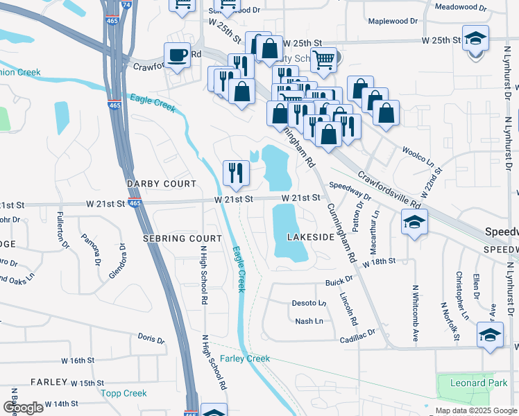 map of restaurants, bars, coffee shops, grocery stores, and more near 2030 Runaway Bay Drive in Speedway
