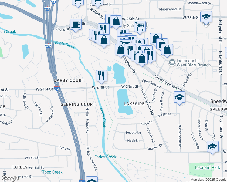 map of restaurants, bars, coffee shops, grocery stores, and more near 2030 Runaway Bay Drive in Speedway