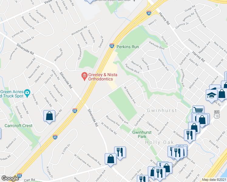 map of restaurants, bars, coffee shops, grocery stores, and more near 2099 Prior Road in Wilmington