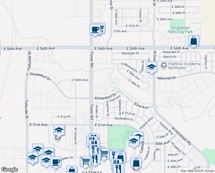 map of restaurants, bars, coffee shops, grocery stores, and more near 5390 Argonne Street in Denver