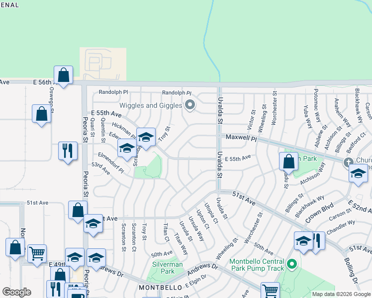 map of restaurants, bars, coffee shops, grocery stores, and more near 12955 East 55th Avenue in Denver