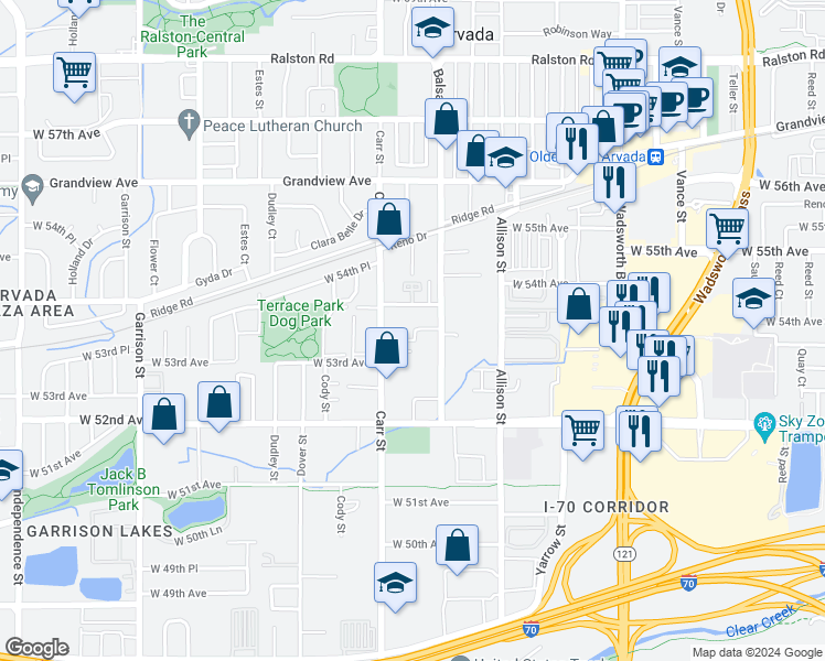map of restaurants, bars, coffee shops, grocery stores, and more near 8345 West 53rd Place in Arvada