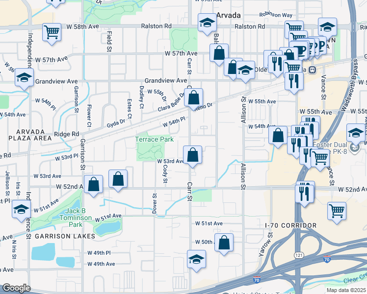 map of restaurants, bars, coffee shops, grocery stores, and more near 5383 Carr Street in Arvada