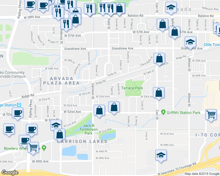 map of restaurants, bars, coffee shops, grocery stores, and more near 5353 Field Street in Arvada