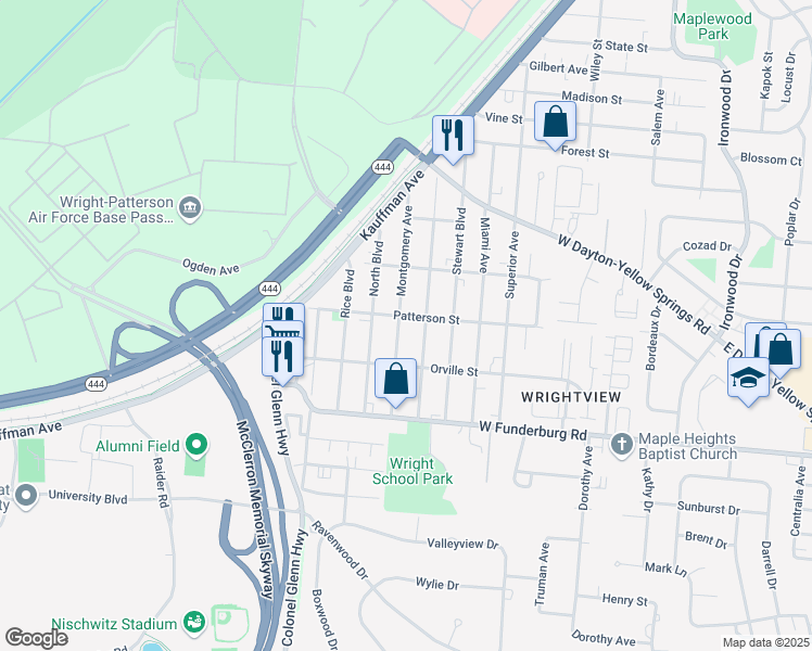 map of restaurants, bars, coffee shops, grocery stores, and more near 1823 Montgomery Avenue in Fairborn