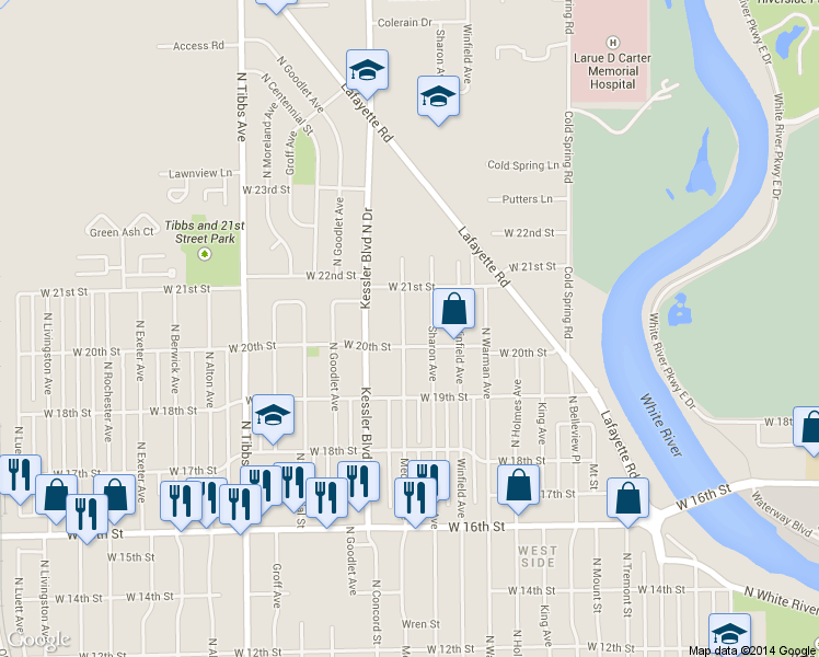 map of restaurants, bars, coffee shops, grocery stores, and more near 2001 Medford Avenue in Indianapolis