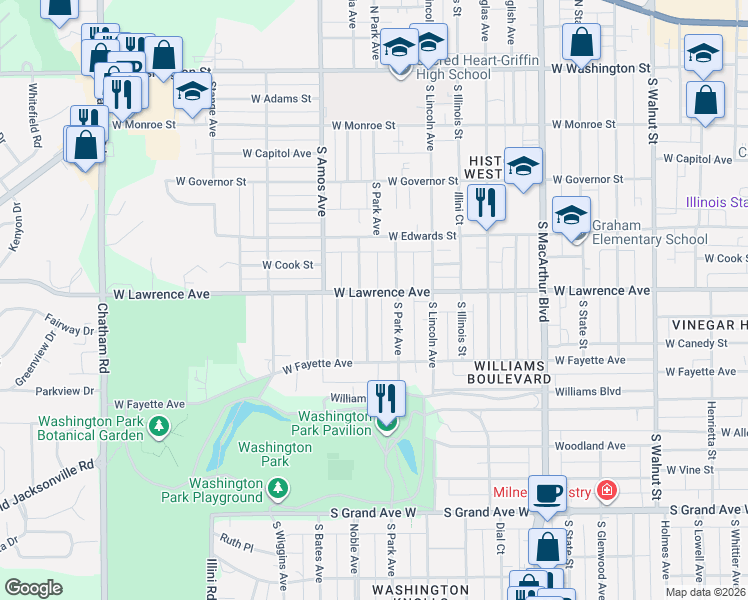map of restaurants, bars, coffee shops, grocery stores, and more near 821 South Columbia Avenue in Springfield