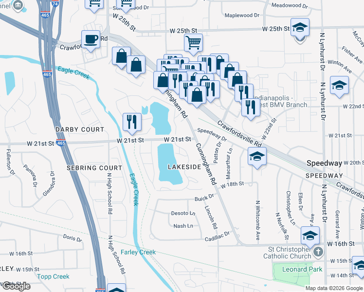 map of restaurants, bars, coffee shops, grocery stores, and more near 2045 High Eagle Trail in Speedway