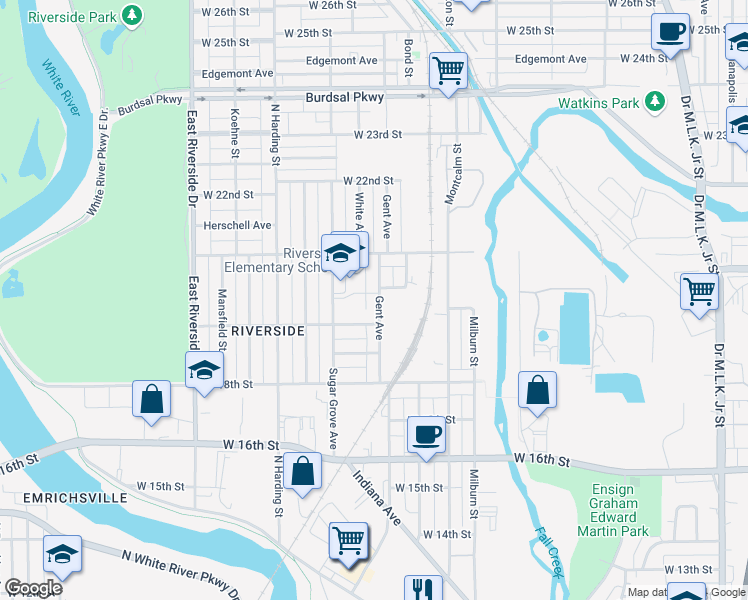 map of restaurants, bars, coffee shops, grocery stores, and more near 1916 Gent Avenue in Indianapolis