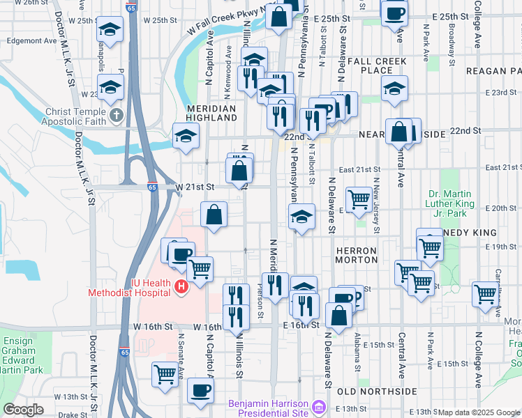 map of restaurants, bars, coffee shops, grocery stores, and more near 2020 North Meridian Street in Indianapolis